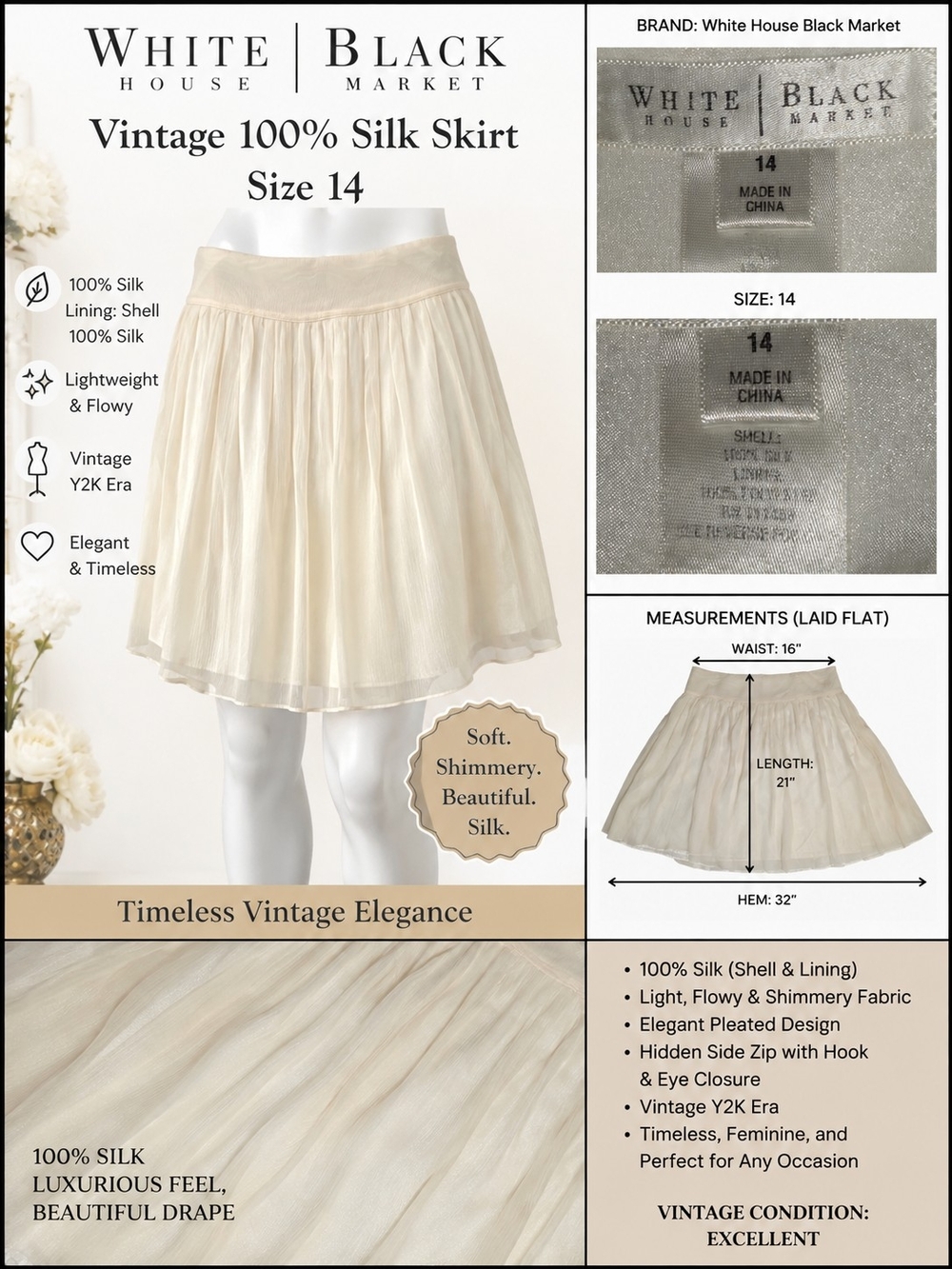 White House Black Market Cream Vintage 100% Silk Pleated Skirt - Size 14